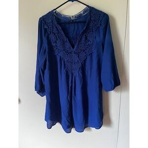 Ren Fiber Royal Blue Crochet Lace V-Neck Tunic Blouse 3XL Cobalt 3/4 Sleeve Top